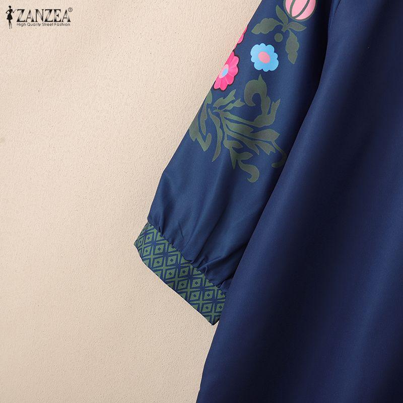 ZANZEA Women Casual V-Neck Retro Print Splice 3/4 Sleeve Loose Blouse