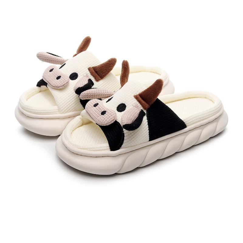 Sandales Claquettes Unisexes Mignonnes Vache Dessin Animé 3D Semelle Épaisse Respirantes Pantoufles en Lin pour l'Intérieur
