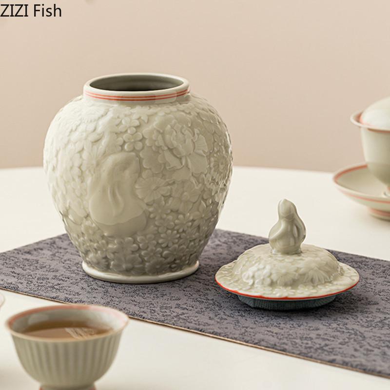 Relief Rabbit Tea Can Creative Ceramic Sealed General Can Decoration Home Kitchen Large Capacity Tea Storage Can Organizer