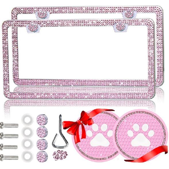 Bling License Plate Frames For Women Sparkly Rhinestone License Plate Frame Diamond Car License Plate Cover Glitter Bedazzled License Plate Holder 2