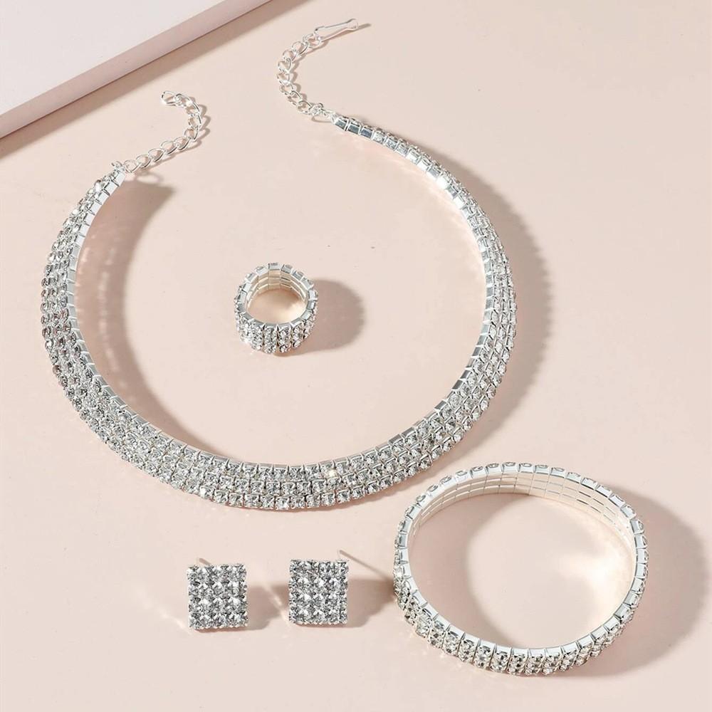Bride's wedding dress - silver four-row necklace, earrings, elastic wristbands, elastic rings - a set of 4 items