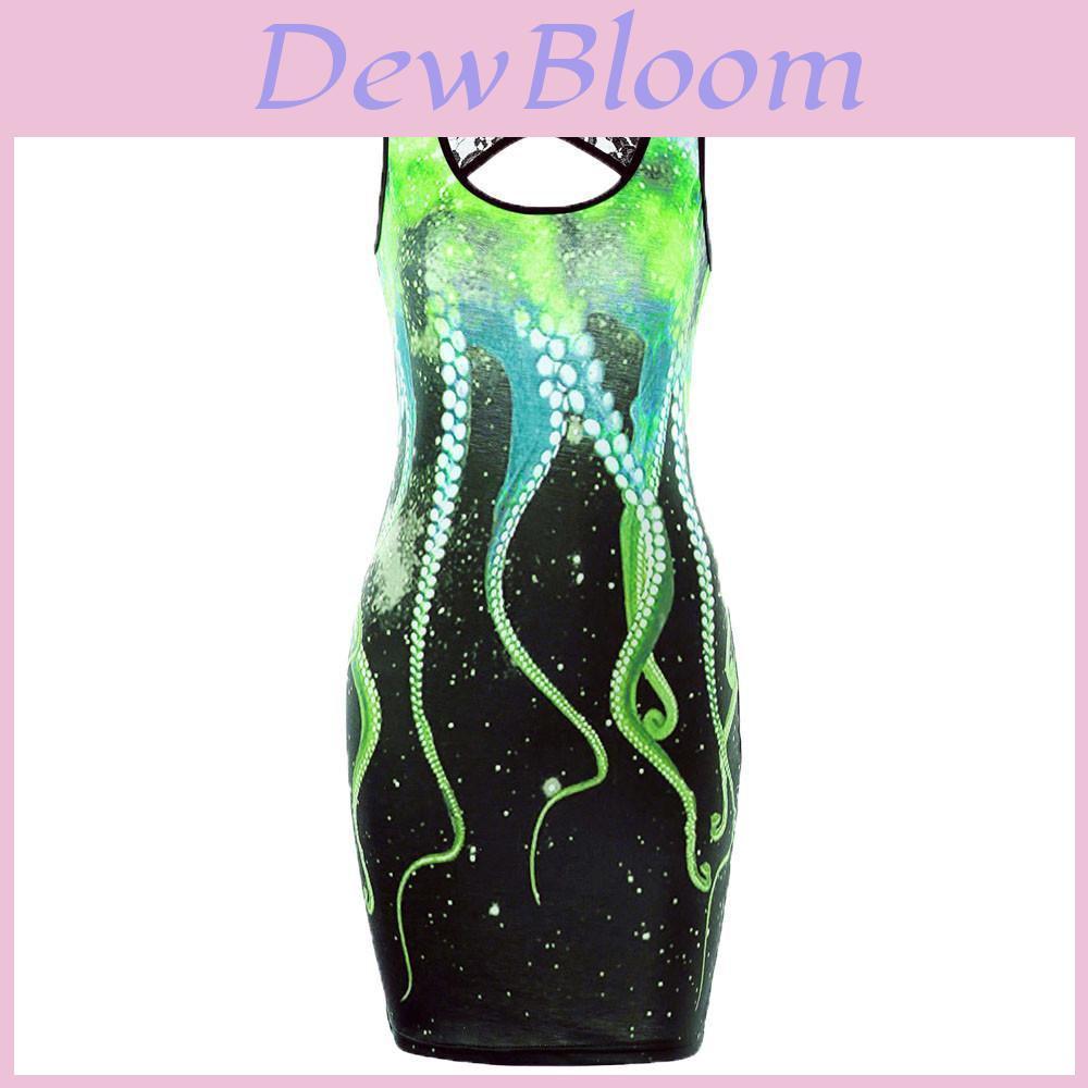 Women Summer Delicate Sleeveless Cut Out Octopus Print Mini Dress With Lace Stitching