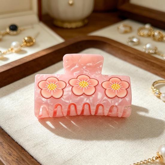 Hair Claw Strong Grip Hair Clip Ice-Clear Acetic Acid Material Floral Pattern Pearlescent Back Head Hair Claw Half-Tied Hair Accessory