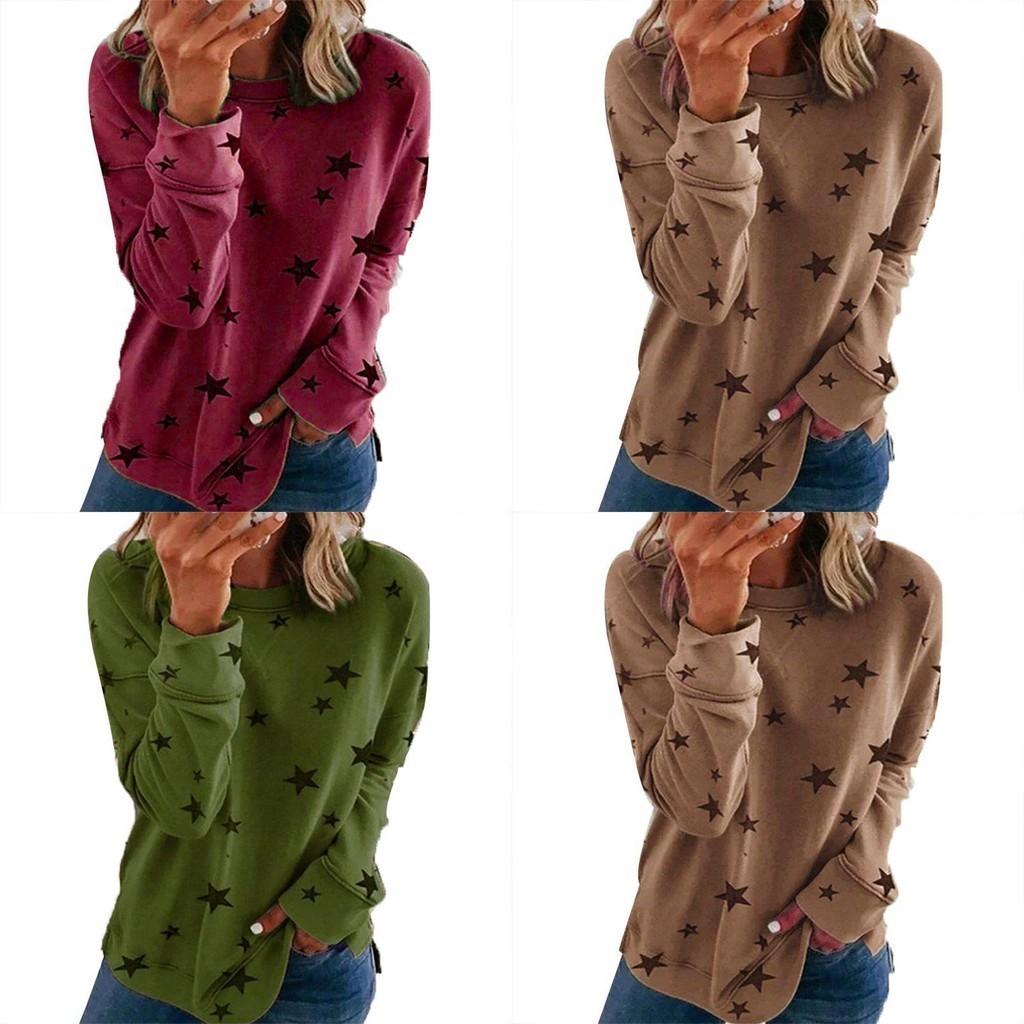 Damen Lässige Tunika Rundhalsausschnitt Langarm Sternenprint T-Shirt Top Bluse Für Täglichen Komfort Und Stil
