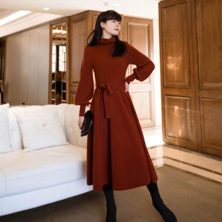 Pletené dlouhé šaty s polovičním rolákem pro podzimní a zimní dámské nošení, svetrové šaty ke kolenům, svetrové šaty střední délky se stahováním v pase, svetr