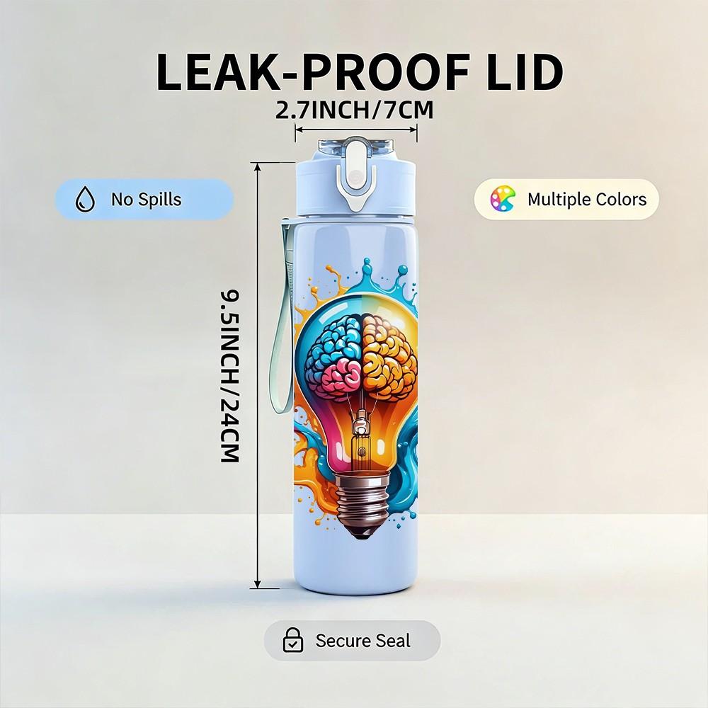 1PC Light Bulb Creative Idea Art Print 750ml Color Plastic Sports Water Bottle Leakproof Flip Straw Lid Suitable for Sports Office Home Use