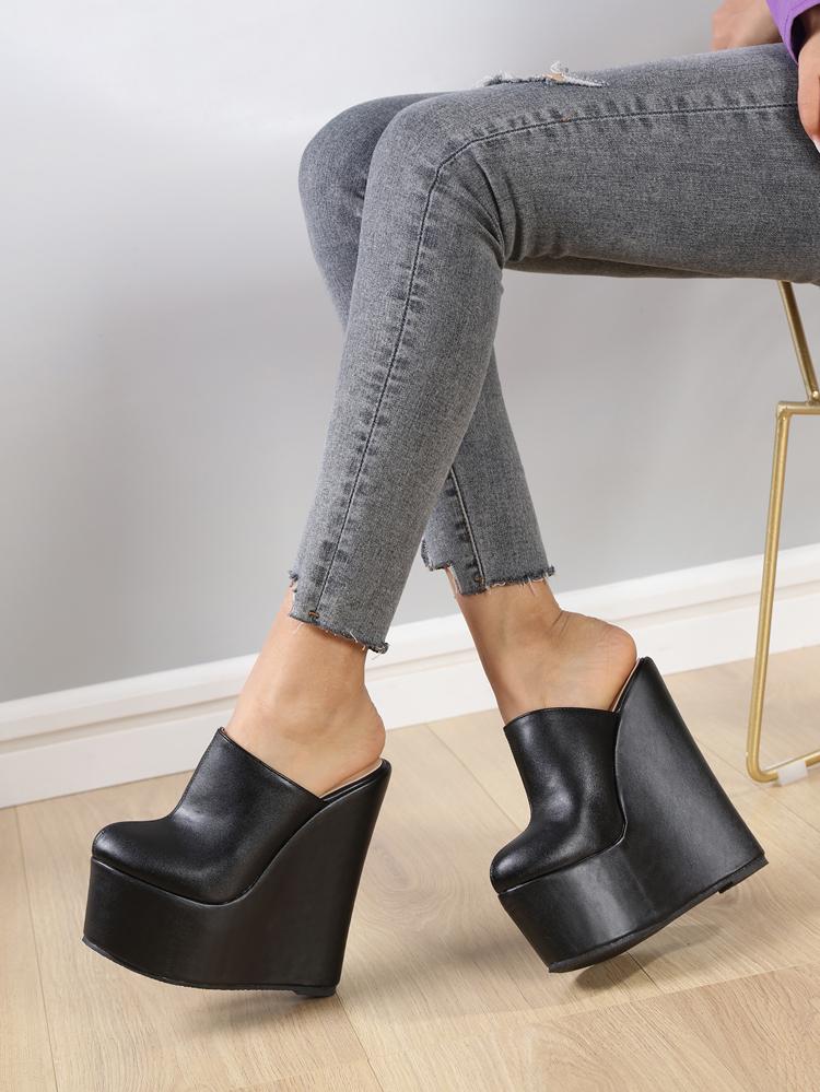 Mode Eilyken Design Super Plateforme Compensée Chaussons Femmes Mode Été Uni Bout Rond Talons Hauts Chaussures Mules Dames