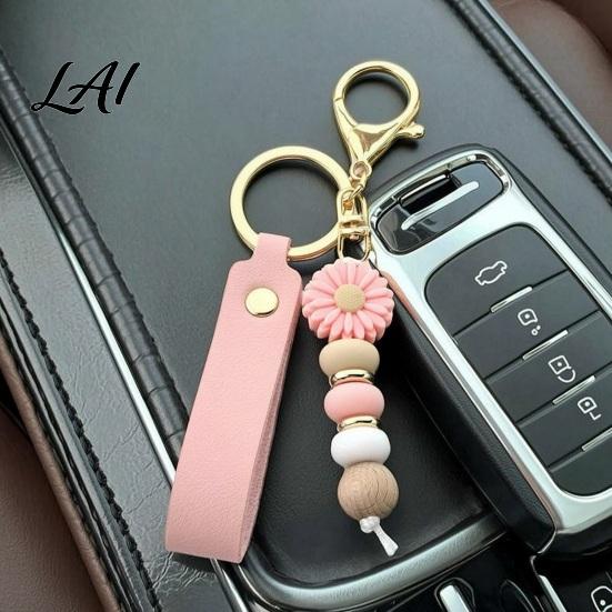 Decorative Handbag Charm Silicone Flower Keychain with Faux Leather Wristlet Car Key Ring Pendant Pendant Backpack Wood Beads Women