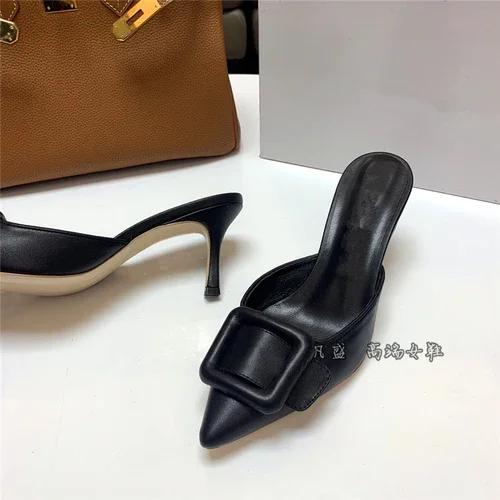 2024 New Muller Shoes Women's Shallow Mouth Pointed Toe Middle Heel Square Buckle Stiletto Baotou Women's Half Slippers