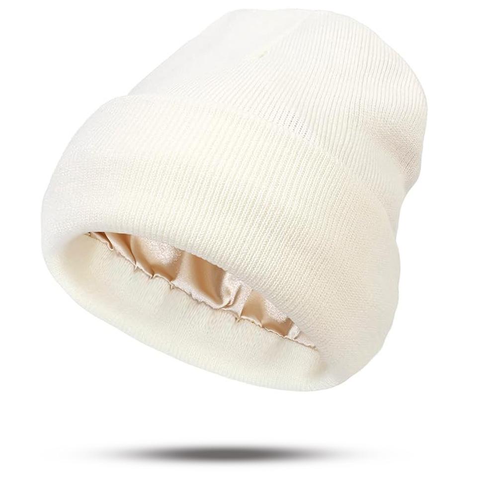 European & American Satin Brocade Winter Hat: Women's Warm Knitted Hair Protection, Acrylic Wool Blend.