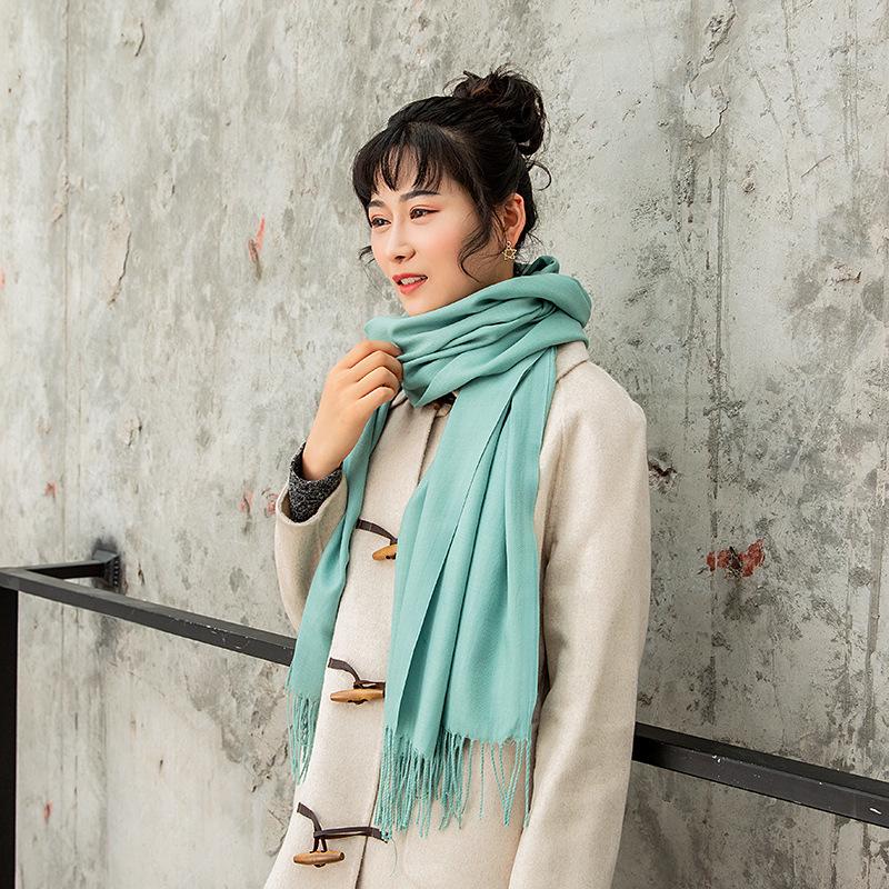 Dámská zahuštěná jednobarevná dlouhá šála - Počesaný imitovaný kašmír, nežmolkující šál s třásněmi na podzim a zimu