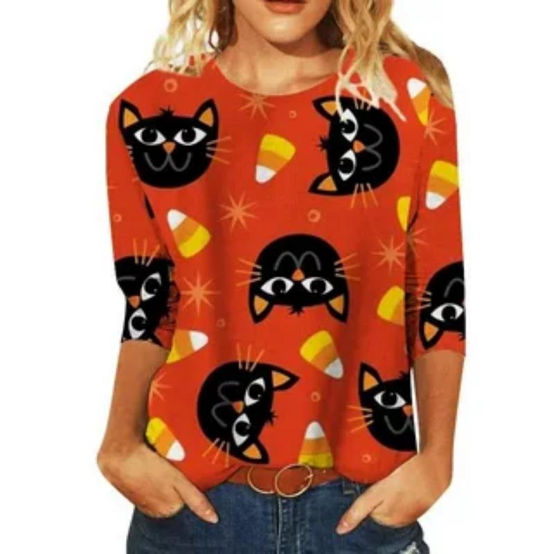 Round Neck 3D Cat Pattern Printed Top Fashionable Casual Long Sleeved Women's T-shirts