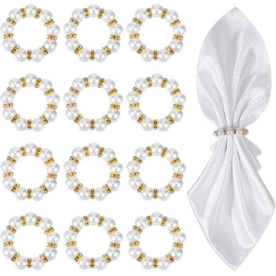 Pearl Napkin Rings Set of 12, Reble Gold Napkin Rings Bulk, Gold Napkin Holder for Formal Dinner Reception Party Banquet Table Decor and Daily Use