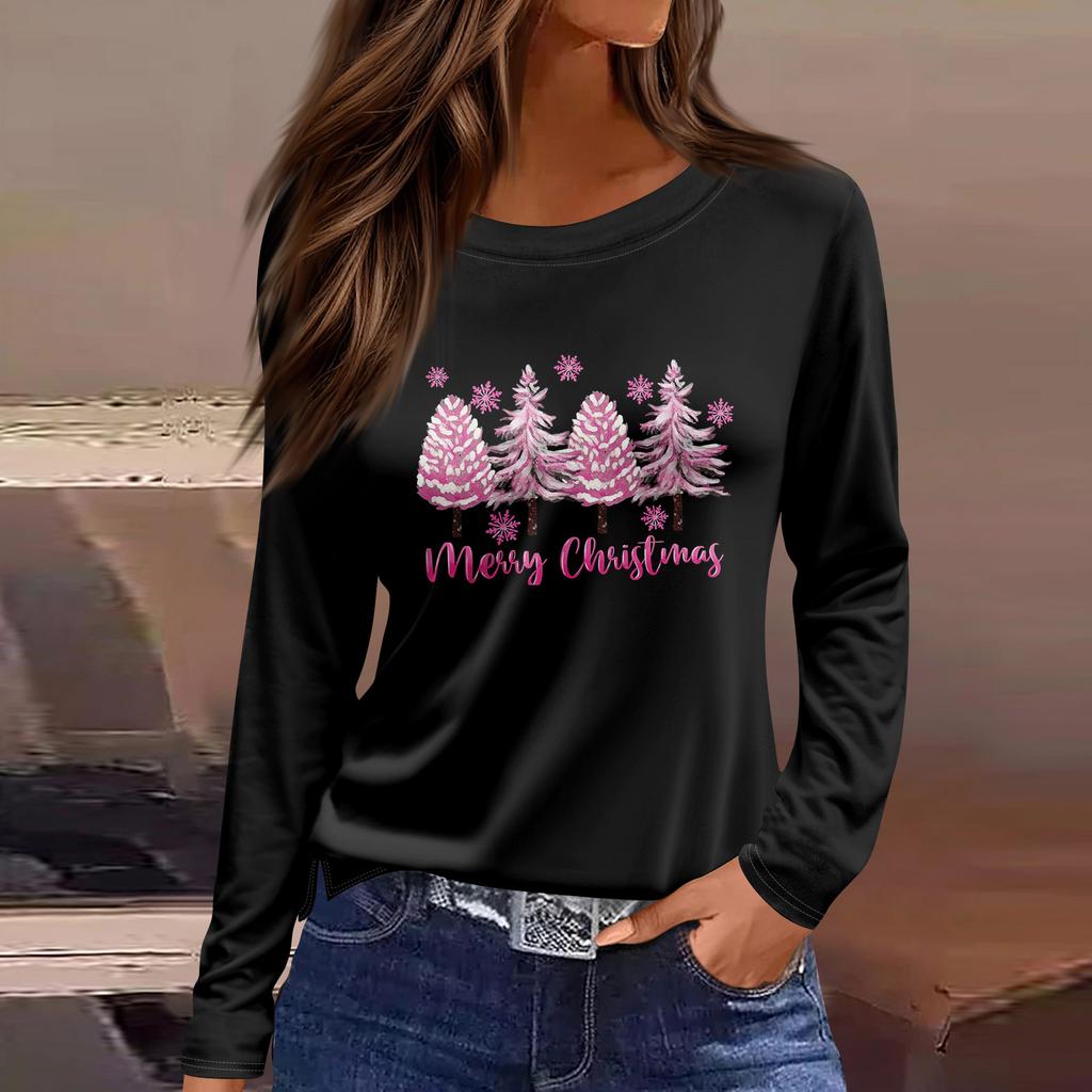 Women's Fashion Casual Slit Hem Round Neck Long Sleeve Loose Printed T-Shirt Ladies Top