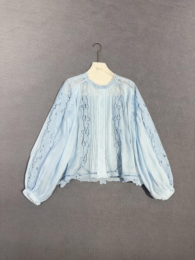 2026 Spring French White Lace Shirt with Loose Lantern Sleeves and Hollow Embroidery