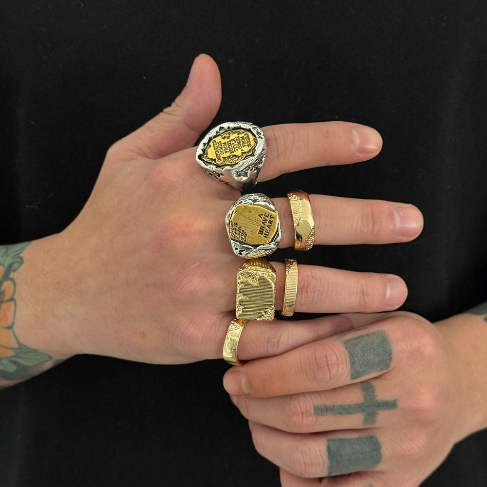 6Pcs/Set Punk Rings Hip-hop Men Rings Retro Geometric Open Rings  Male