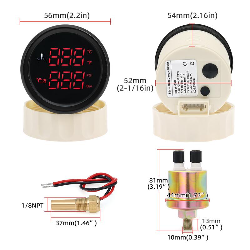 2 IN 1 Dual Gauge with Alarm Red LED Digital 52mm Oil Pressure Meter/Water Temp Meter+Sensor for Automobile Car 12V24V