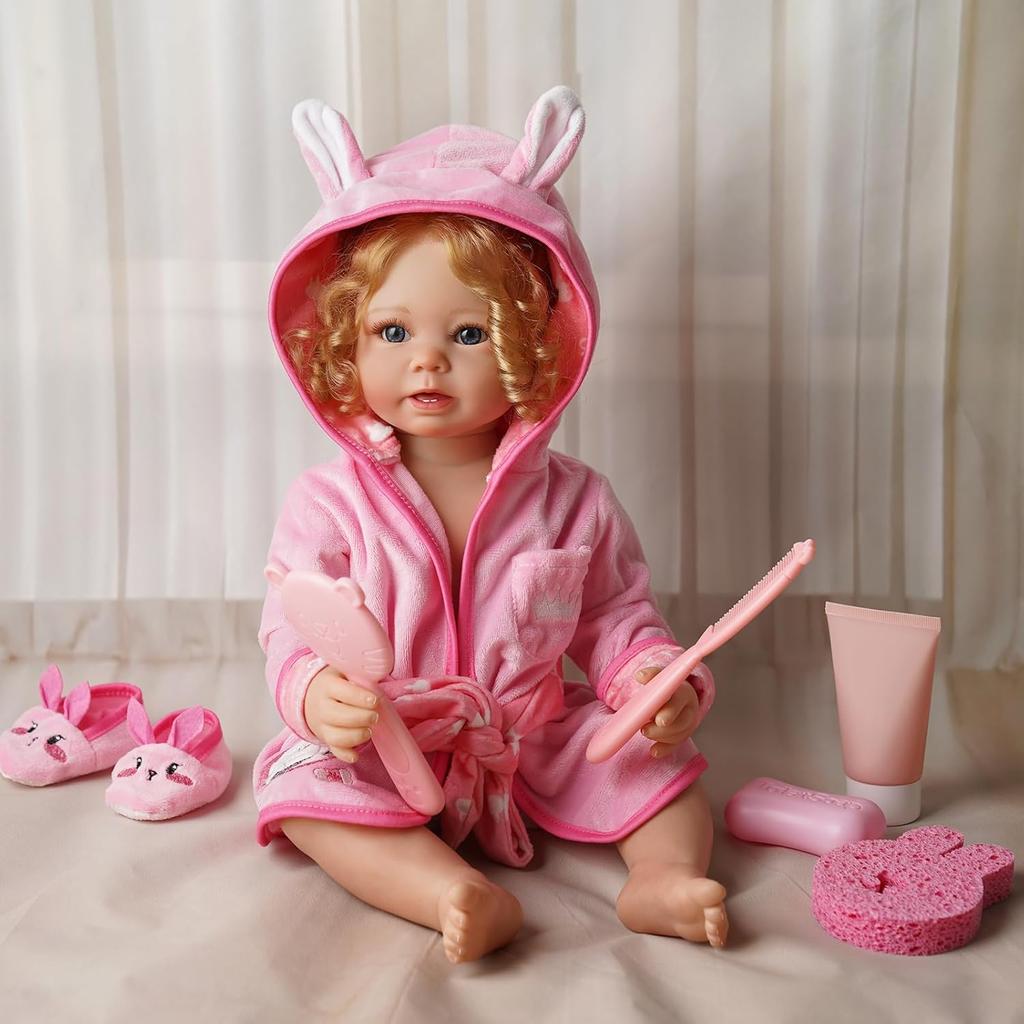 7 PCS Reborn Baby Doll Bathrobe Rabbit Pattern with Slippers and Bath Playset for 17-22 Inch Baby Doll Accessories with Mirror, Comb, Soap, and Bath