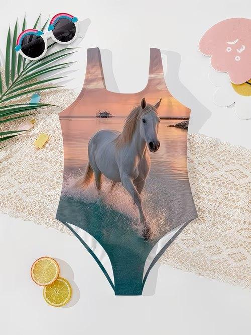 Girls One Piece Swimsuit Cute Cartoon Colorful Heart Symbol Print Sleeveless Swimwear Kids Summer Beach Bathing Suit