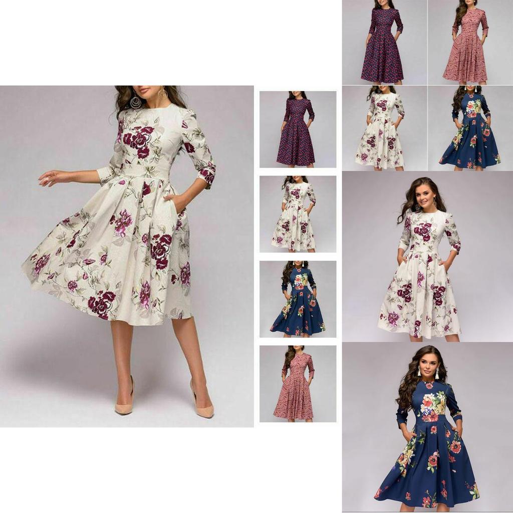 Women's Fashion Vintage Print Long Sleeve Puff Dress In Elegant Floral Pattern