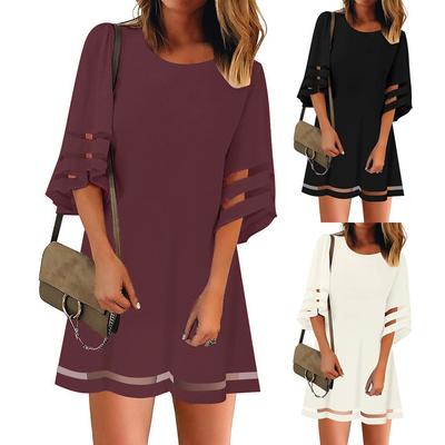 Women's  Mesh Panel Blouse 3/4 Bell Sleeve Loose Top Shirt Dress