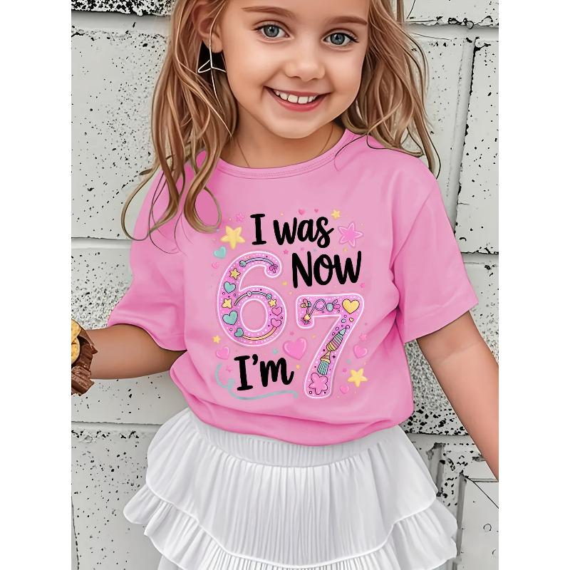 European sizes Girls Summer Short Sleeve T-Shirt with I WAS NOW Lettering Star Heart Applique Short Sleeve Round Neck Casual Blouse