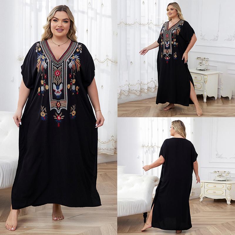 "European & American Embroidered Cotton Maxi Skirt: Women's Beach Sun Protection Robe"