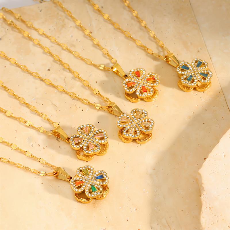 Necklace Female Rotating Clover Zircon Flower Stainless Steel Necklace Niche Temperament Design Versatile Necklace
