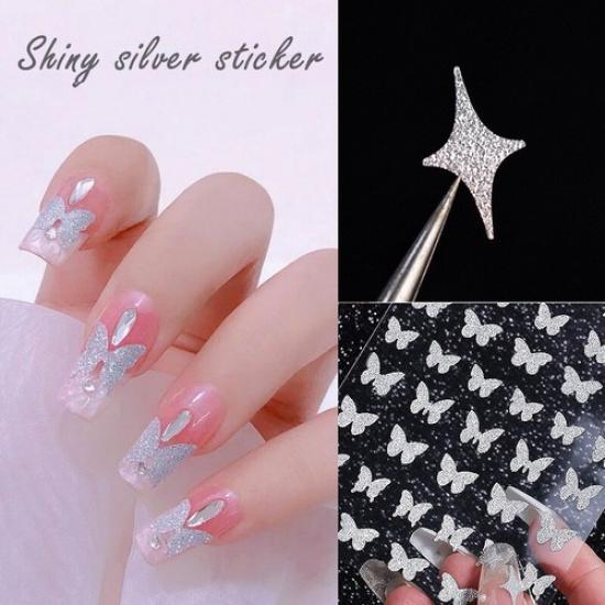 3D Nail Stickers Silver Glitter Nail Decoration Star Heart Transfer Nail Decals^
