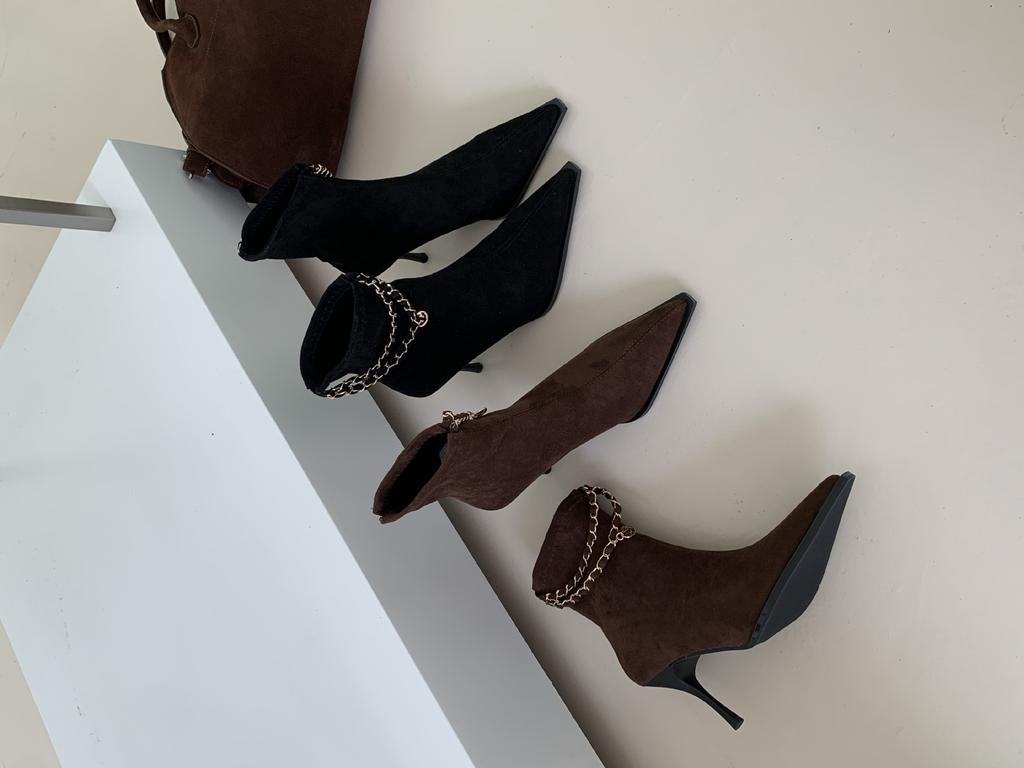 2025 new autumn and winter pointed-toed stiletto short boots women's suede thin boots rear zipper chain boots short boots