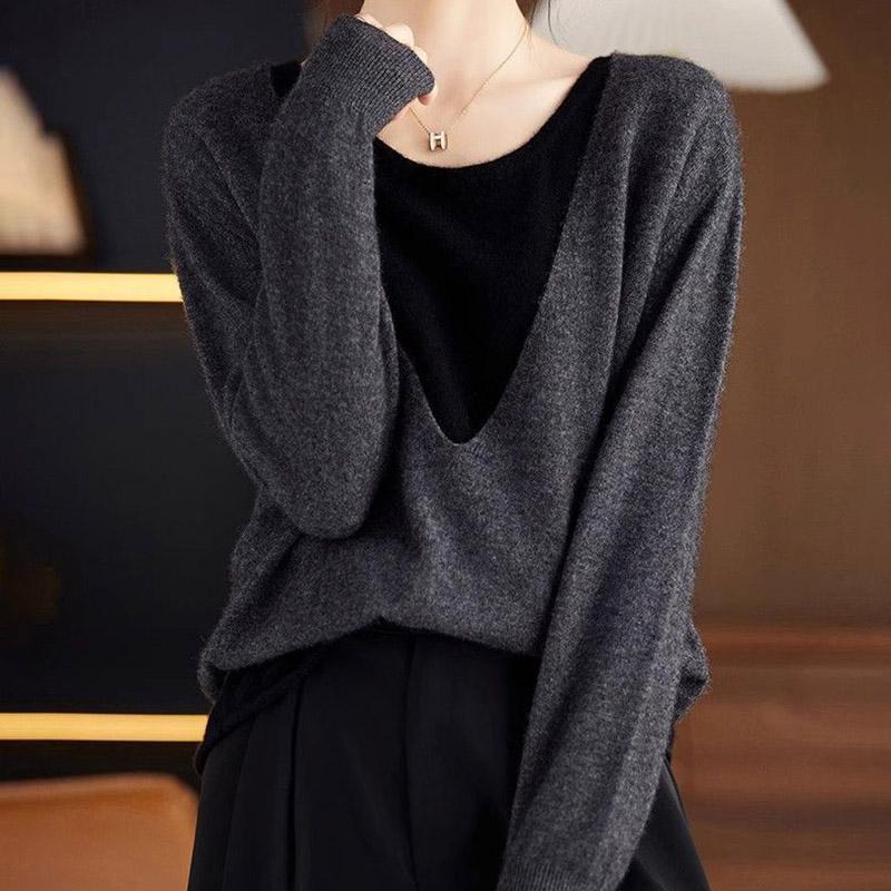 Top for Women Autumn Winter Large Size Loose Long Sleeve Faux Two-piece Versatile V-Neck Pullover Top