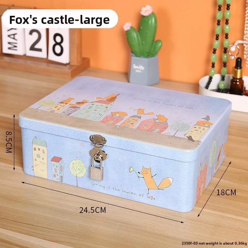 Retro Tinplate Box with Lock Key, Desktop Storage Box, Cosmetics, ID Storage, Household Jewelry Empty Box.