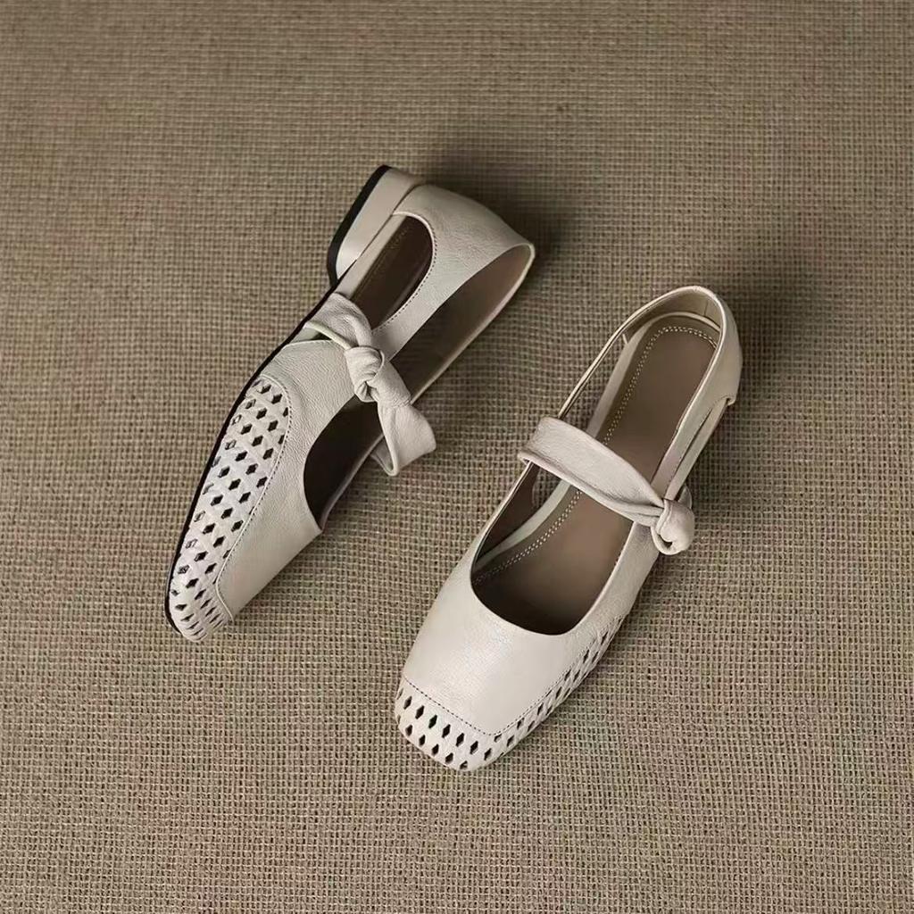 Sheepskin Version~ Simple Leather Woven Hollow Commuting Summer Shallow Mouth Single Shoes Women's Word with Low Heel Commuting Sandals