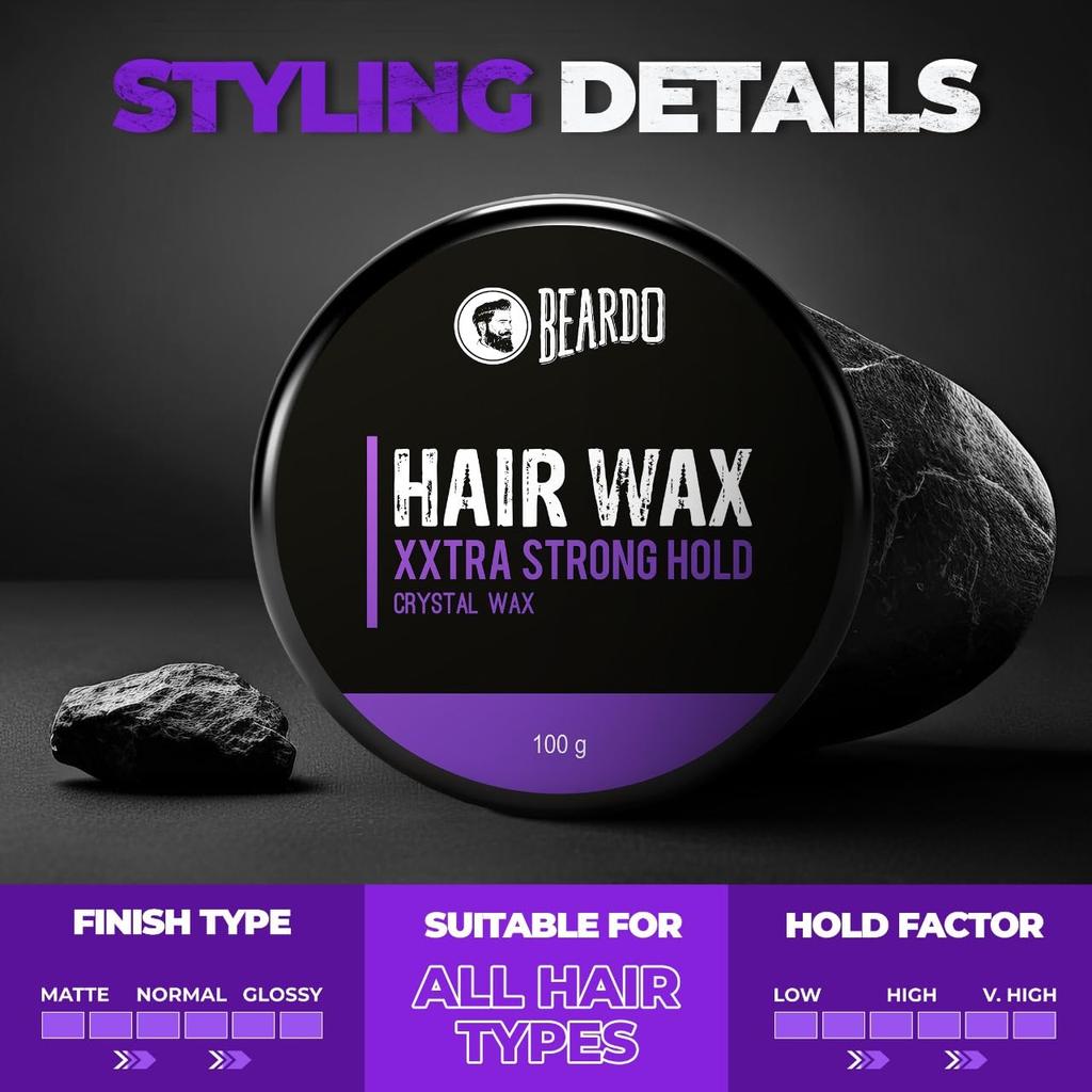 Beardo Xxtra Strong Hold Hair Wax 100 G x Pack Of 2 Crystal Styling Wax For Men Glossy Finish Shine All Day Hair Control