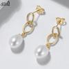 Effie Queen 925 Massiv Sterling Silber 14 Karat Gold Oval Perlen Hängeohrringe Mit Zirkonia Romantischer Schmuck für Damen Bankett GPE67