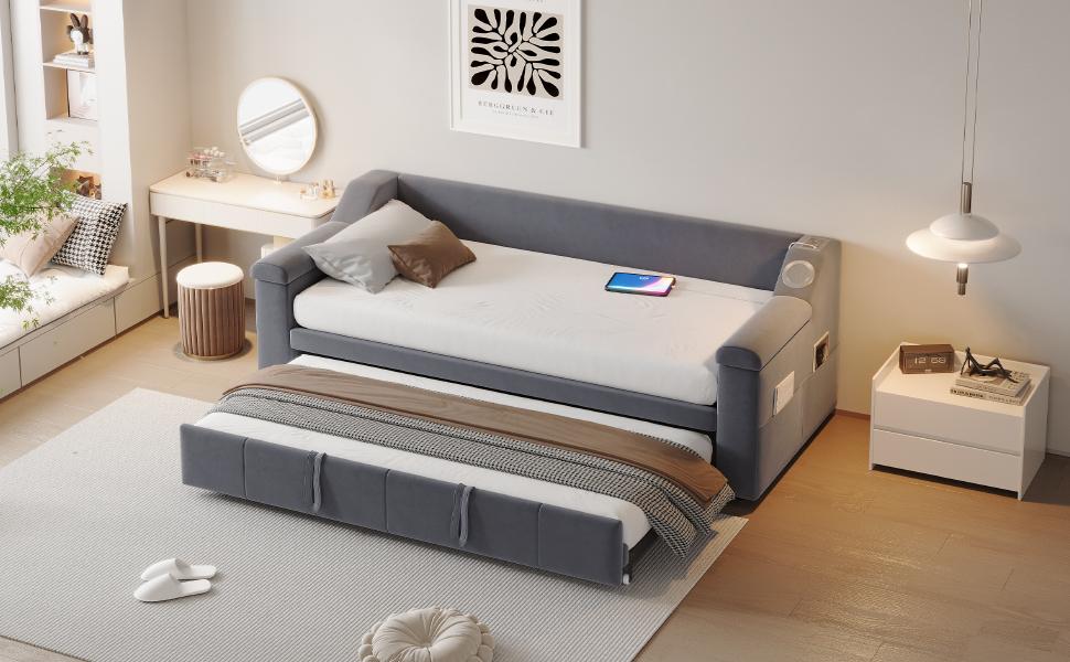 Upholstered bed sofa bed, 90/180*190 cm, smart Bluetooth stereo system, USB charging port, storage compartments, slatted frame, velvet fabric, grey
