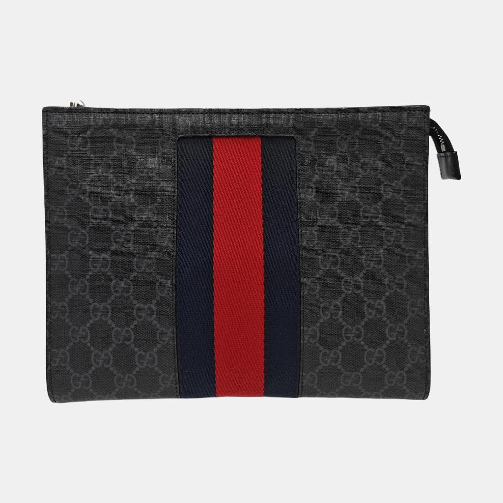 [Pre-Owned] Signature Logo Stripe Web Zipper Canvas Clutch - Very Good #XN4RTF