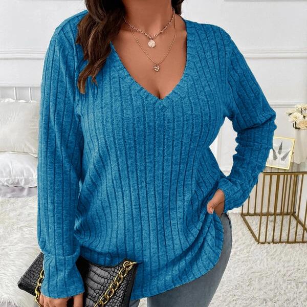 

Женская мода, повседневная однотонная футболка с принтом, осень-зима, свободная матовая футболка с длинным рукавом и v-образным вырезом, свитера в полоску XL королевский синий