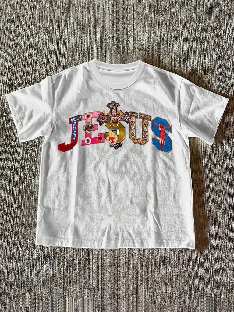 Colorful Ornate Cross Sacred Heart Vintage Letter Graphic T Shirt Retro Gem Decor Symbol Print White Cotton Short Sleeve Tee