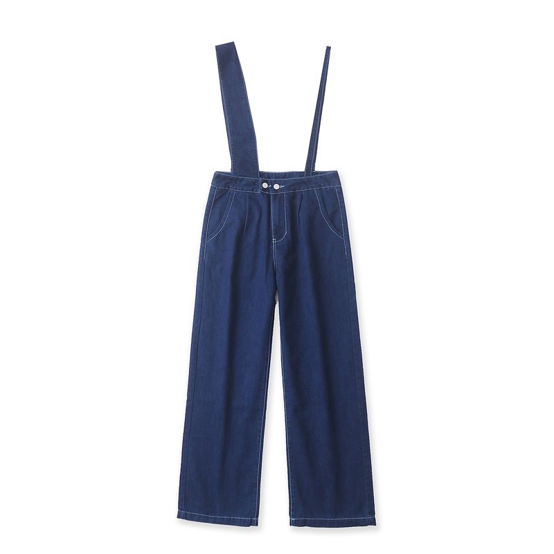 Denim Asymmetric Overalls Autumn New Foreign Trade Women Strap Adjustable High Waist Zip-up Button Straight Trousers 32085