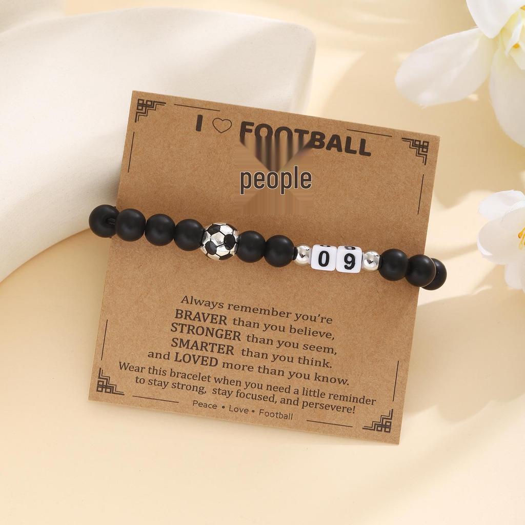Men's Adjustable Black Matte Stone Beaded Bracelet - Football Number Birthday Gift