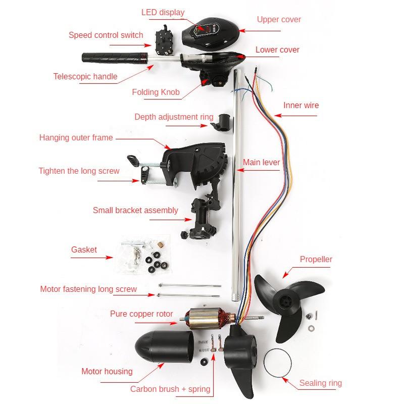 12V/48V Brushless Marine Electric Thrusters Rubber Boat Motor Propeller Suspension Plastic Outboard Machine Black