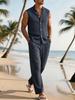 European & American 2025 Stylish Men's Striped Stand Collar Sleeveless Shirt with Long Pants - Trendy Autumn Fashion.