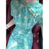 1011 summer new cheongsam cheongsam delivery dress cheongsam wins women's cheongsam blue-green white new Chinese style
