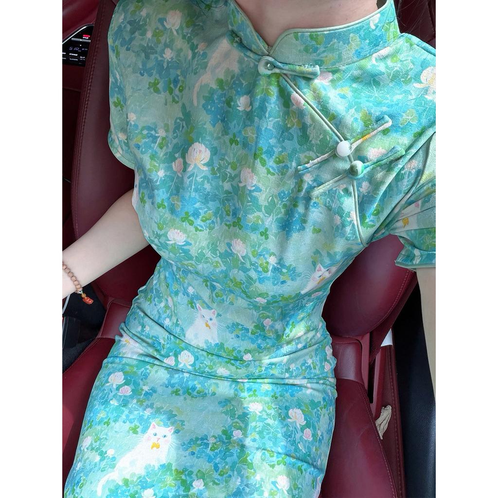 1011 summer new cheongsam cheongsam delivery dress cheongsam wins women's cheongsam blue-green white new Chinese style