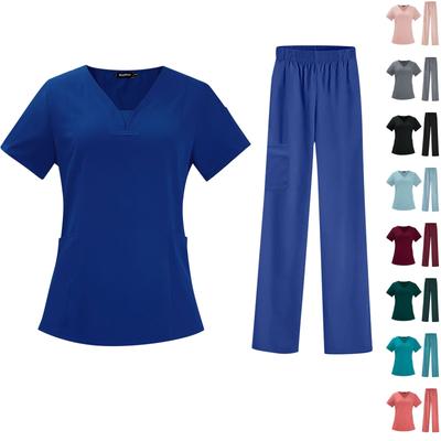 Women's Quick Drying Fabric Solid Color V-neck Pocket Short Sleeved Pants Set Workwear