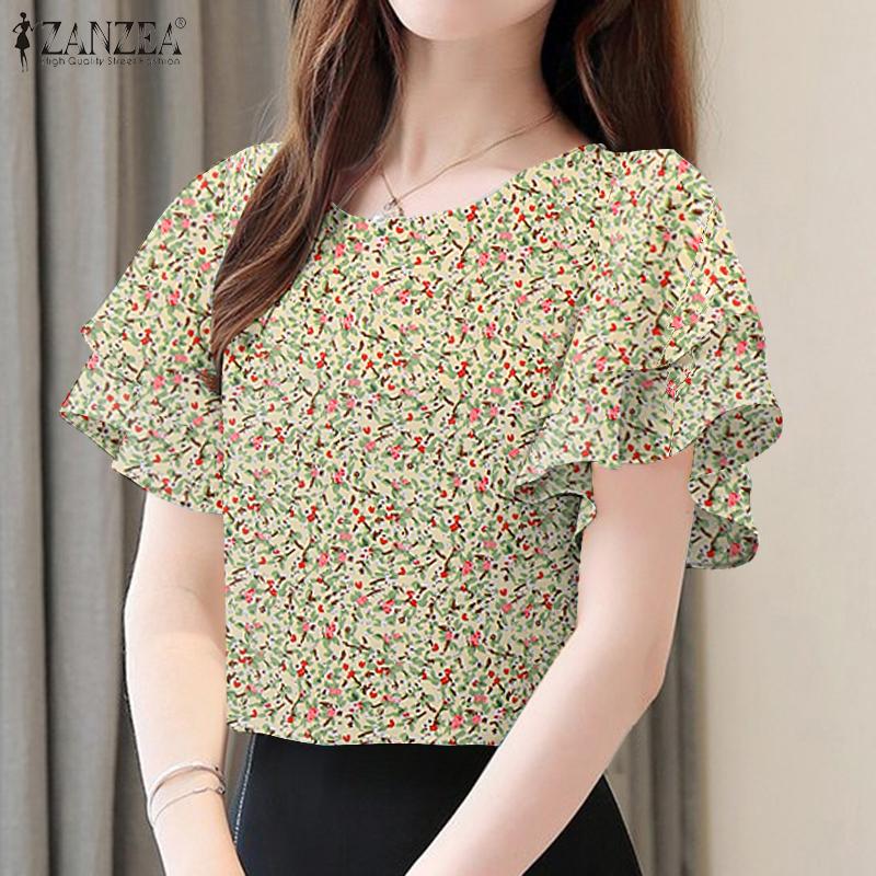 ZANZEA Damen Sommer Casual Kurzarm Bluse mit Blumendruck