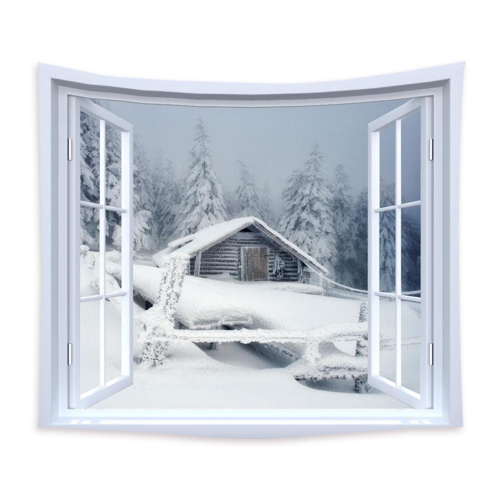 

Зимний оконный пейзаж Снежный настенный гобелен Рождественская настенная елка настенная великолепная рождественская елка камин подарки 95*73cm