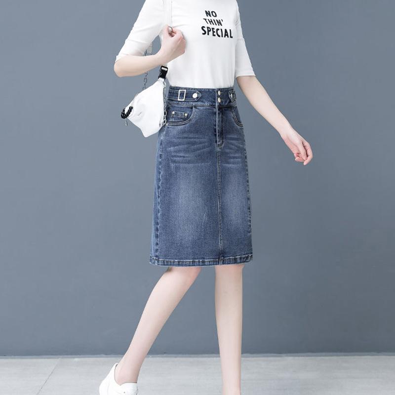 Gonna a trapezio Jean divisa Donna Estate a vita alta Doppi bottoni Gonne longuette blu per donna Gonna di jeans da ufficio coreana