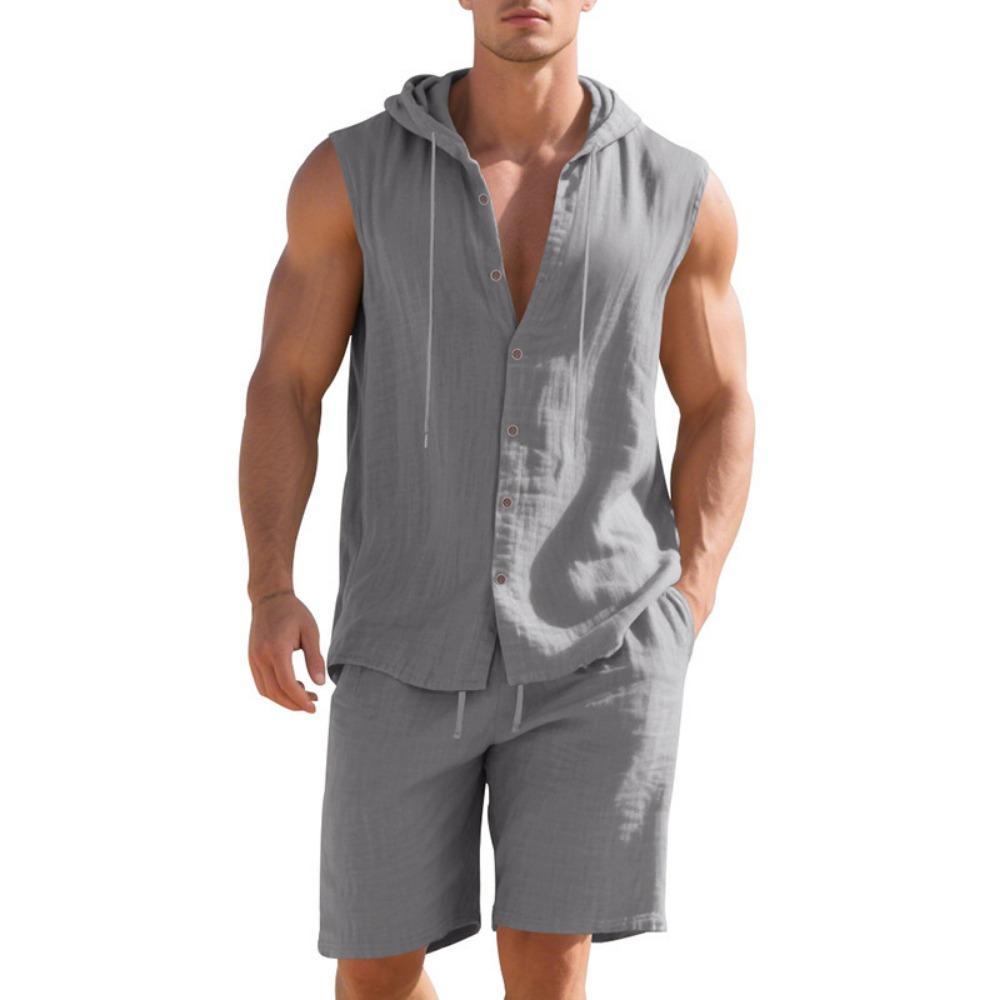 Mens Summer 2 Piece Outfit Shorts Set with Sleeveless Hooded Shirt Top Cotton Beach Casual Loose Fit Comfortable Athletic